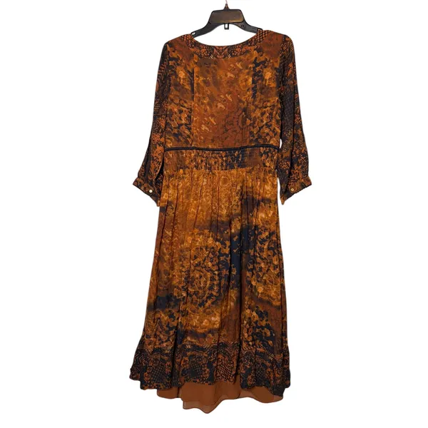Soft Surroundings Rust Batik Midi Dress 3/4 Sleeve Tassel Zip Venetian boho Sz 4 - Image 4