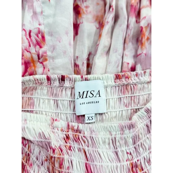 MISA Dress Pink Dina Mini Off Shoulder Smocked Abstract Rose Flowy Coquette XS - Image 4