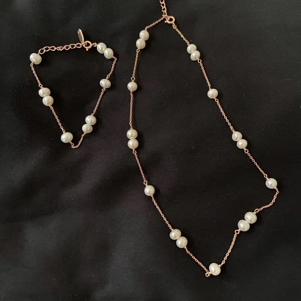 NEW REAL Pearl Sterling Silver 18k REAL goldplated Necklace Bracelet Jewelry Set - Image 3