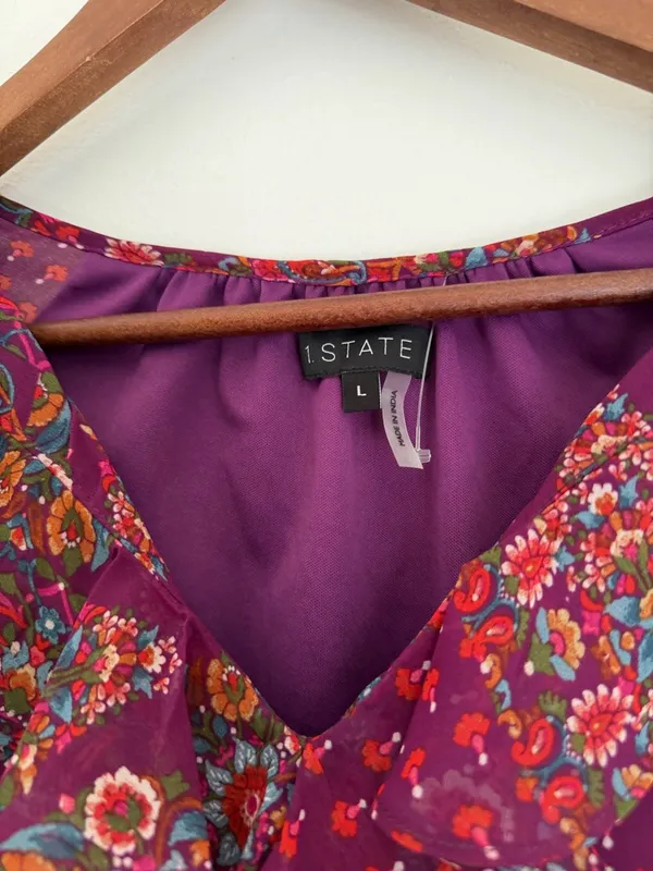 1.State Floral Paisley Boho Cold Shoulder Ruffle Blouse Top Size L NEW - Image 3