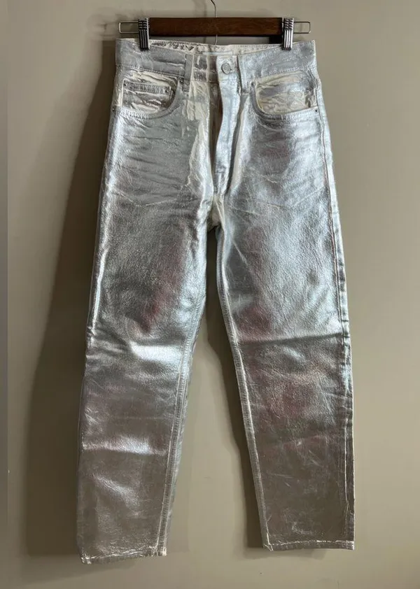 Zara silver metallic coated boyfriend fit straight leg jeans size 2 - Image 6