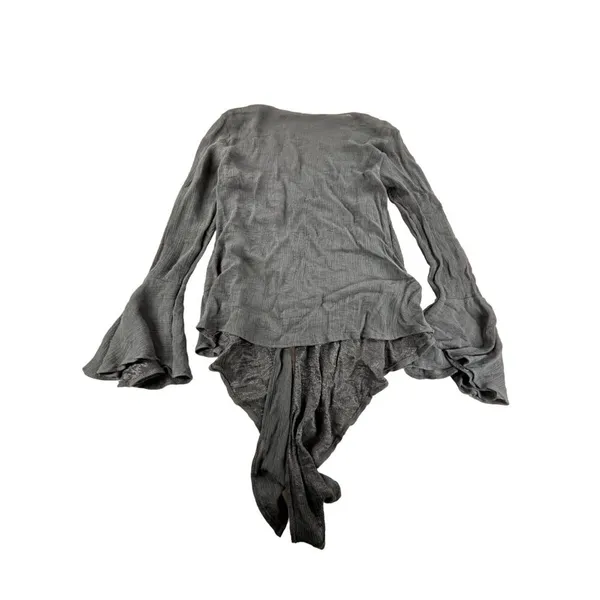 Ruffled Bell Sleeve V-Neck Black Tunic Top Asymmetrical Hem Womens L Gauze - Image 6