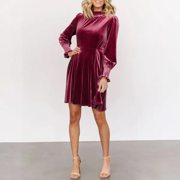 Baltic Born Velvet Smocked Neck Mini Dress Mulberry Long Sleeve Holiday Medium - Image 12