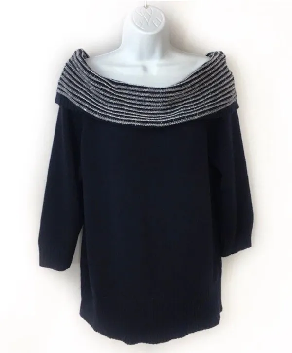 Loft Ann Taylor Sweater Off the Shoulder X-Large XL Navy Blue Cotton Nautical - Image 4