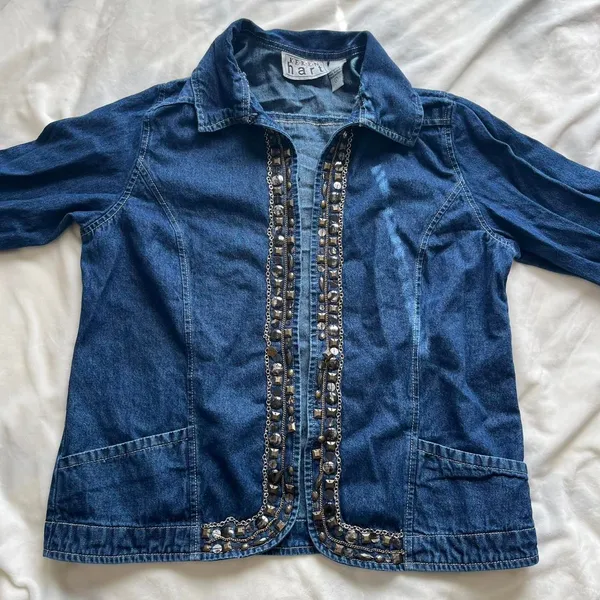 Vintage Y2K boho blue denim lightweight jacket with beaded & chain details large - Image 2