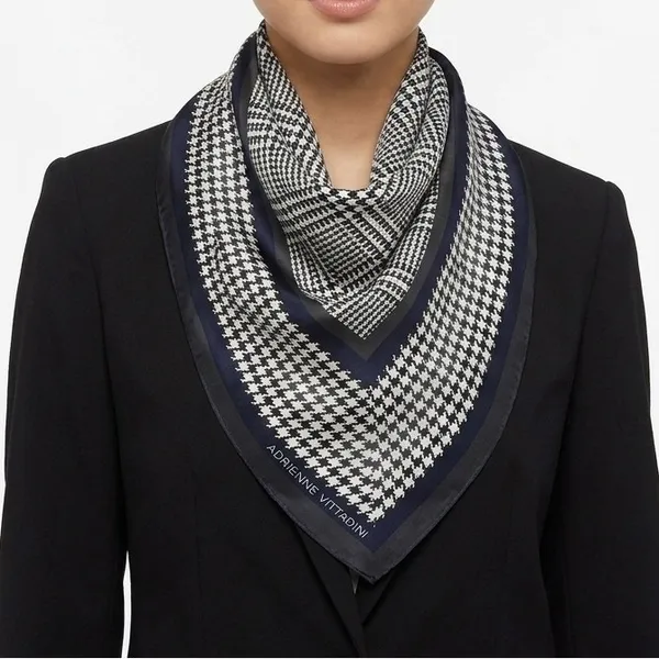 VTG Adrienne Vittadini Blue White Houndstooth Plaid 100% Silk Square Scarf 34" - Image 4
