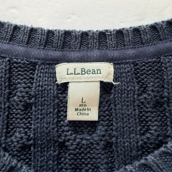 LL Bean Navy Blue Double L Mixed Cable Cotton Crew Neck Pullover Sweater LARGE - Image 9