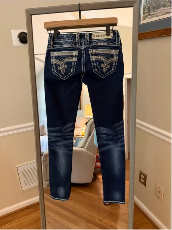 Women's Rock Revival Skinny Jeans Size 25 Blue Silver Embellished - Image 6