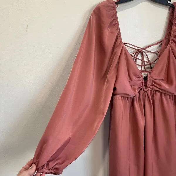 The Post Satin Long‎ Sleeve Mini Dress Lace-Up Back Coquette Pink Party L - Image 7