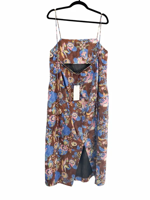 NWT Zara Floral Midi Apron Cotton Brown Dress Sz L - Image 4