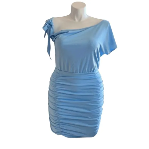 VIDUSSA‎ Women Light Blue One Shoulder Ruched Bodycon Mini Dress Trendy Chic - Image 2