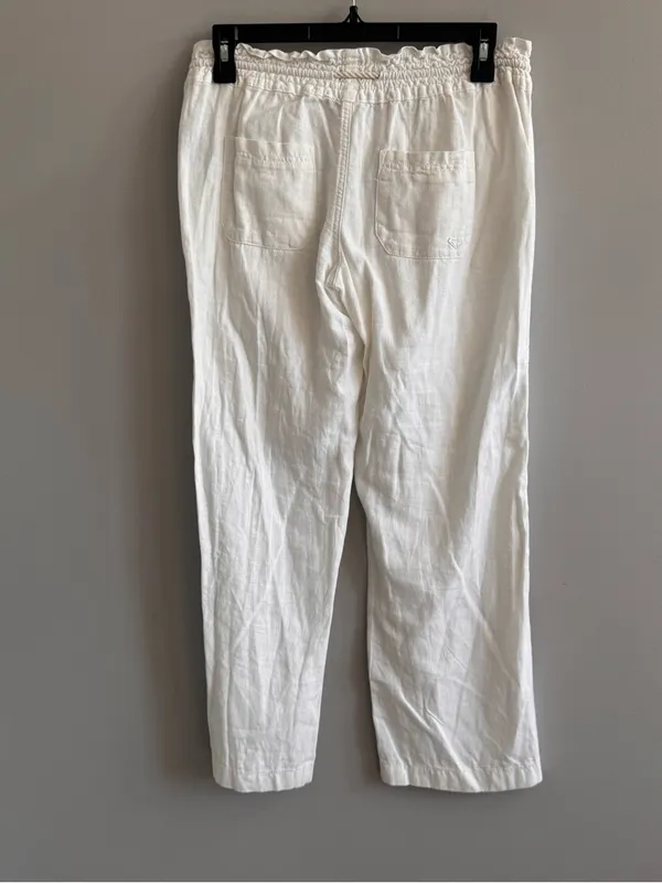 Roxy Womens XS White Linen Look Drawstring Pants Smocked Waist Beach Coastal - Image 3
