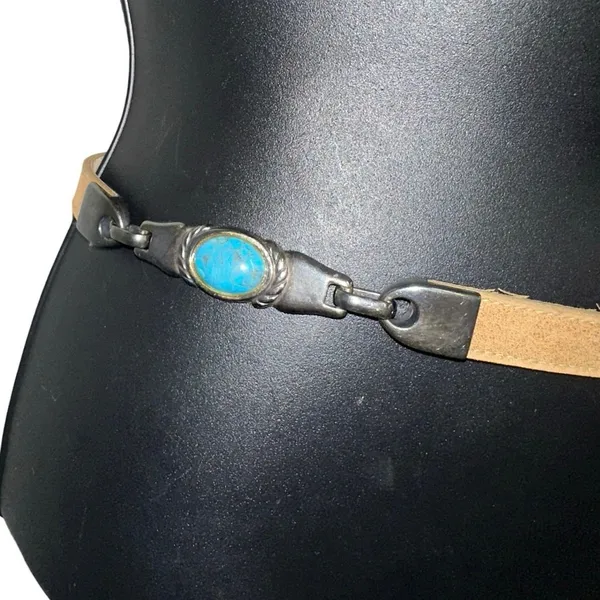 Elite Tan Faux Leather Skinny Chain Belt Turquoise Stone Western Boho Small‎ - Image 4
