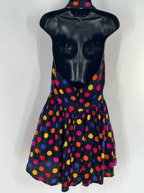 80s Glam Black Halter Polka Dot Sundress with Multicolor Dots-Size S - Image 4