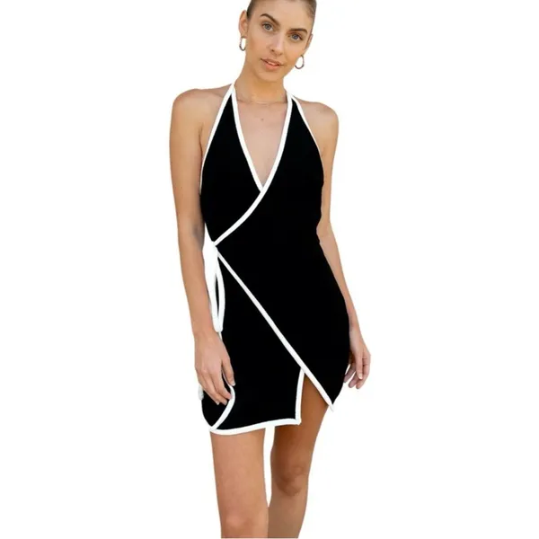 Nia Black Halter Wrap Mini Dress with White Piping Size Medium - Image 2