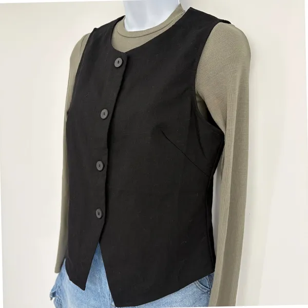 Commense Button Up‎ Vest Women Med Black Linen Blend Capsule Minimalist Office - Image 2