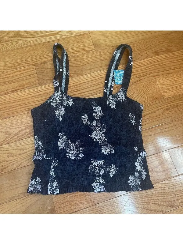 Free People Intimately Hannah Black Floral Print Smocked Cami Top Sz Large New - Image 8