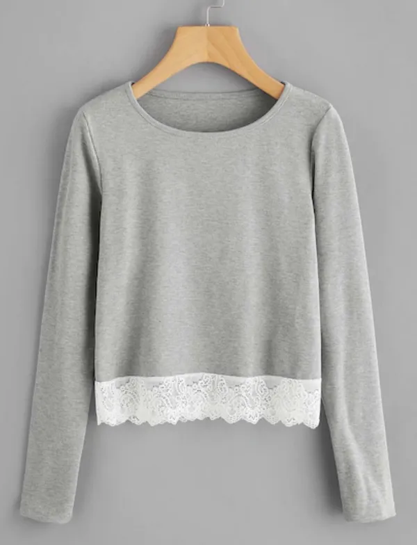 Grey Long Sleeve Crop Top With Lace Detail - Image 5