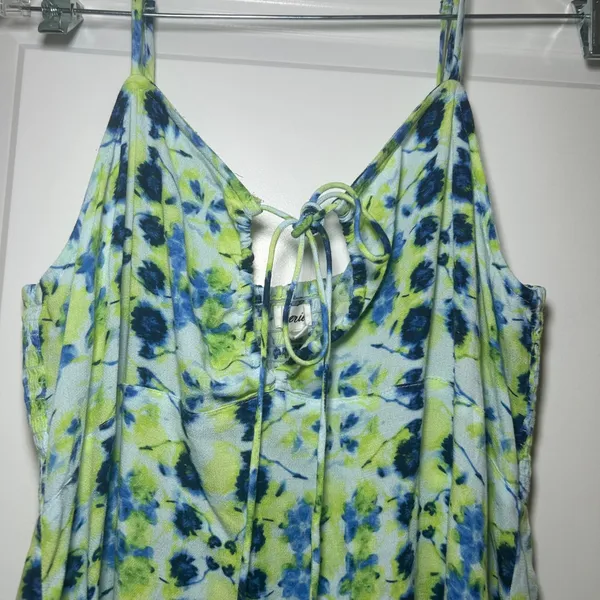 Aerie Blue Lime Green Floral Tie Front Smocked Back Cami Mini Dress Large beach - Image 2