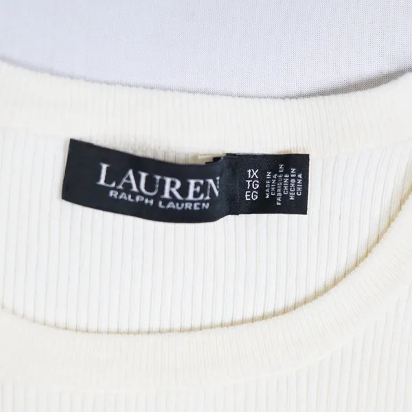 Lauren Ralph Lauren Pullover Women 1X Cream Ribbed Puff Sleeve Gold Button Top - Image 3