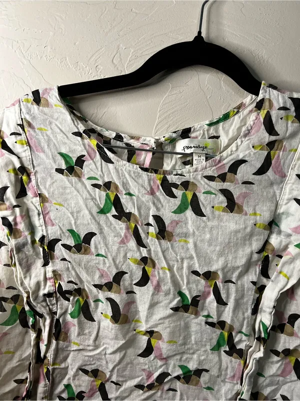Porridge Anthropologie White Cotton Abstract Bird Print Ruffle Boho Top M - Image 4