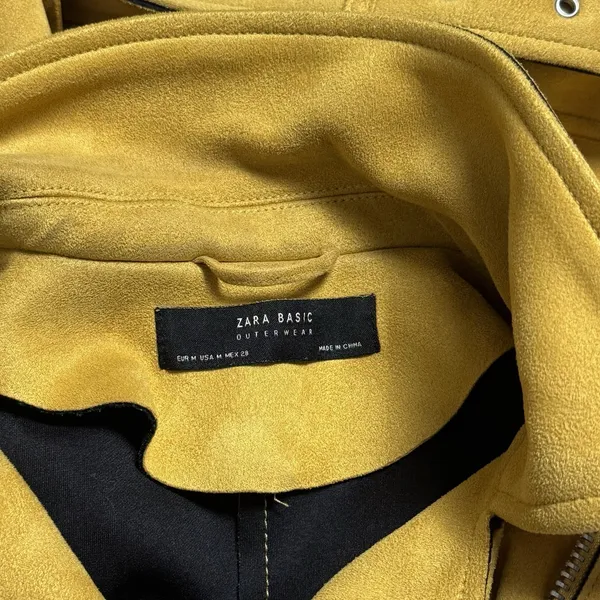 Zara Faux Suede Mustard Yellow Moto Jacket Belted Biker Zip Fall Grunge M - Image 9