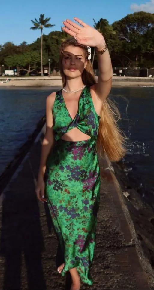 Zara maxi floral satin dress wedding evening party Floral Green Cutout Dress - Image 3