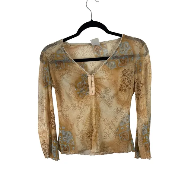 U.S Tops Vintage Y2k Fairy Brown Floral Sheer Bell Sleeve‎ Top Womens Small? - Image 2