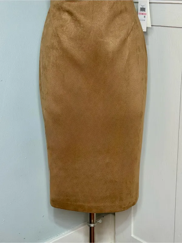 Calvin Klein Faux Suede Zip-Front Midi Dress Tan Camel Brown NWT Size 10 - Image 4