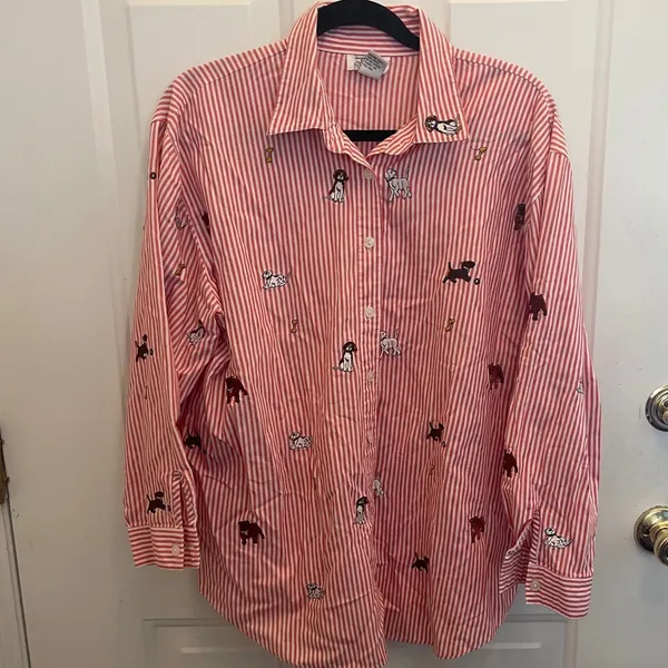 Teddi Red White Striped Embroidered Dog Bone Button Down Shirt 1X Whimsical - Image 2