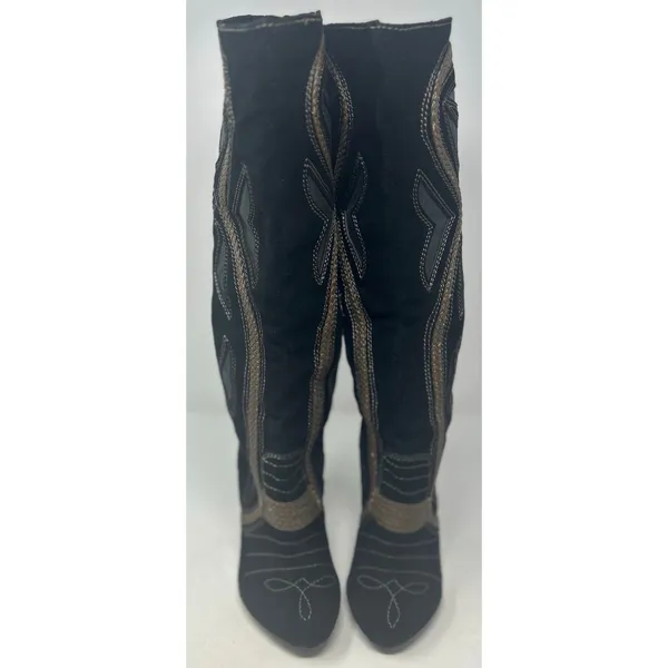Mojo Moxy Black Suede Leather Mid Calf Tan Embroidered Decorative Panels Size 7W - Image 2