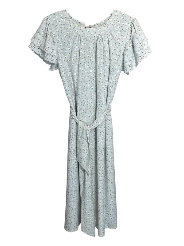 JessaKae Dainty Floral Belted Midi Dress Lace Eyelet Sleeves - Image 4