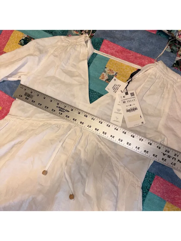 Zara NWT $59 Bright White 52% Linen Blend Womans M Vneck Tunic Mini Dress Size M - Image 9