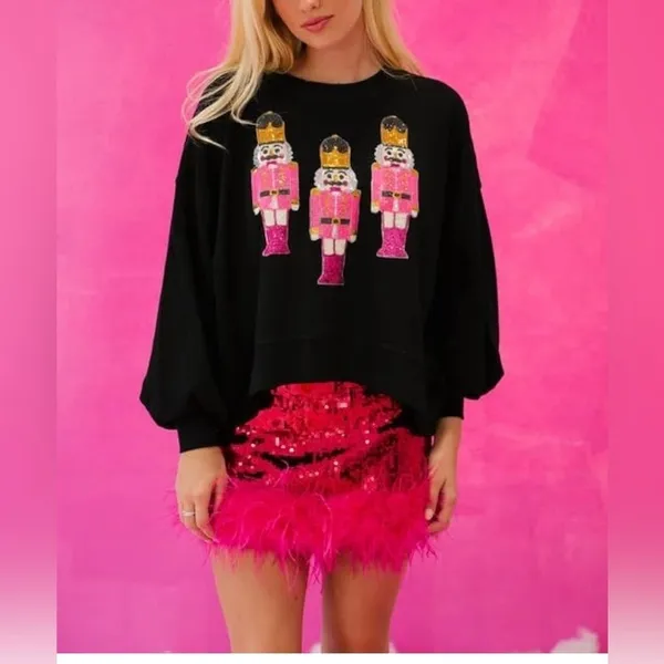 NEW Santa Christmas Sparkly Sequin Crewneck Long Sleeve Pullover Sweatshirt M - Image 4