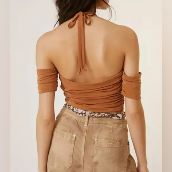 Anthropologie Sunday in Brooklyn Ruched Crop Top‎ L Brown Tie Front NWT $78 - Image 2