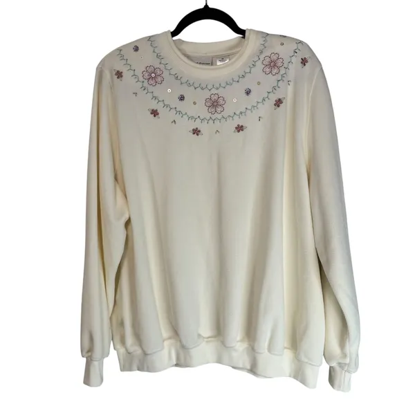Alfred Dunner Woman 2X Cream Floral Embroidered‎ Sequin Fleece Sweatshirt Top - Image 11