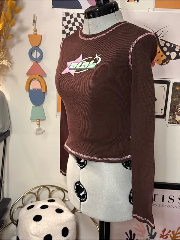 ALAB Y2K Brown Thermal Long Sleeve Contrast Stitch Top Size S - Image 3