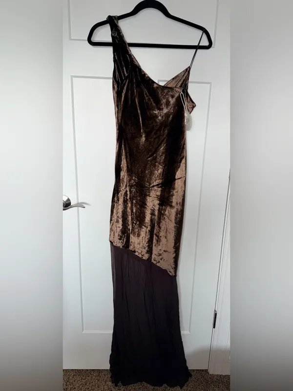 NWT Staud Beaton Draped Velvet Chiffon Dress - Dark Chocolate - Image 3