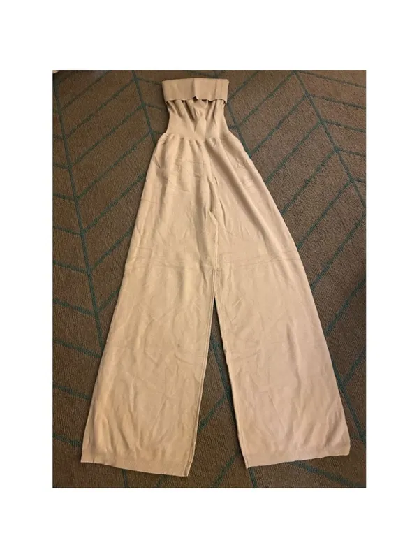 NEW Super soft Tan Strapless Knit Wide Leg Tube Top Jumpsuit L - Image 2