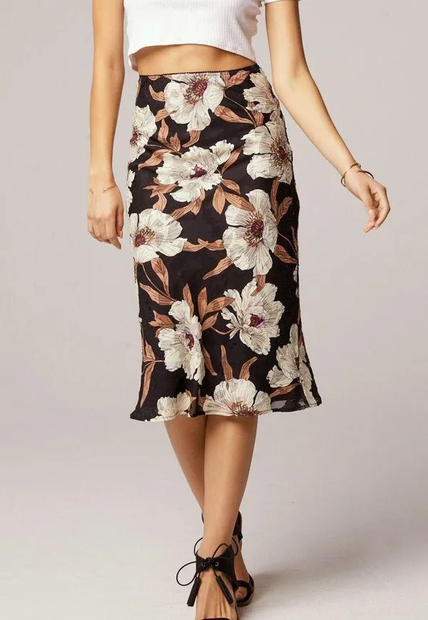 Band of Gypsies Collective Floral Print Midi Slip Skirt Rho Black Cream Size Large - Image 5