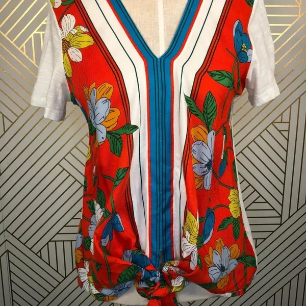 Anthropologie Akemi + Kin T-shirt Top Tee Blouse Floral Tie‎ Front White Small - Image 3