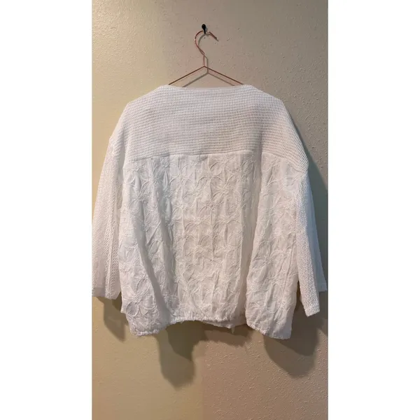 POL Women Top L White Boho Patchwork Floral Mesh Henley SMT2268B - Image 7
