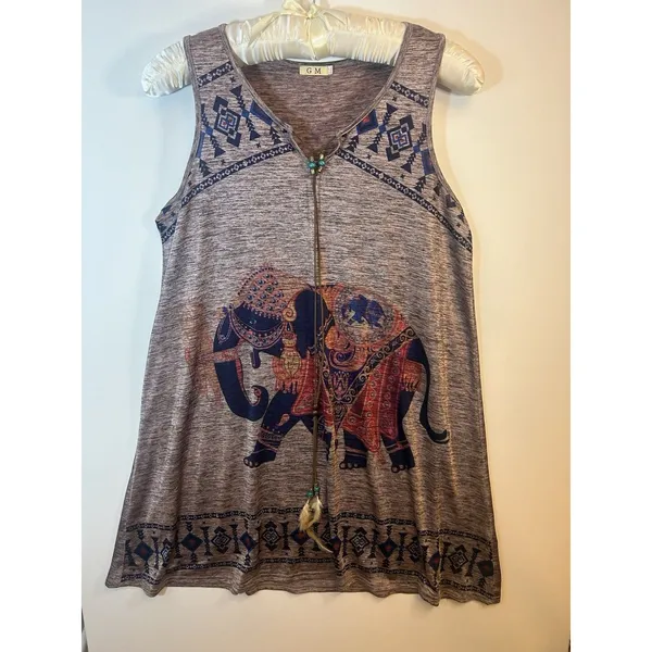 GM Women’s L/XL Boho Elephant Print Sleeveless Tunic Dress Feather Tie Brown Top - Image 14