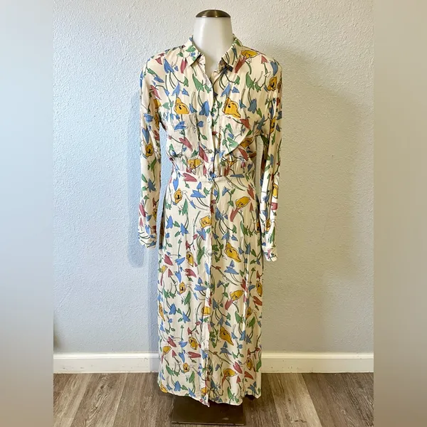Zara Floral Button Up Collard Long Sleeve Midi Dress Size XS - Image 2