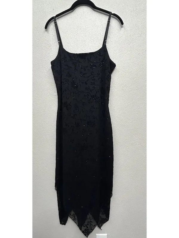 Vtg Black Velvet Burnout Midi Dress Medium Floral handkerchief hem Whimsigoth - Image 15