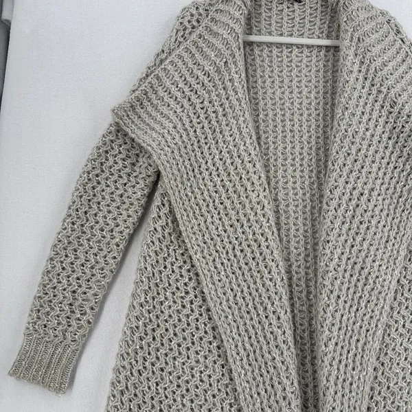 Solutions Cardigan Women L Beige Open Knit Oversized Lagenlook Asymmetrical Dust - Image 3