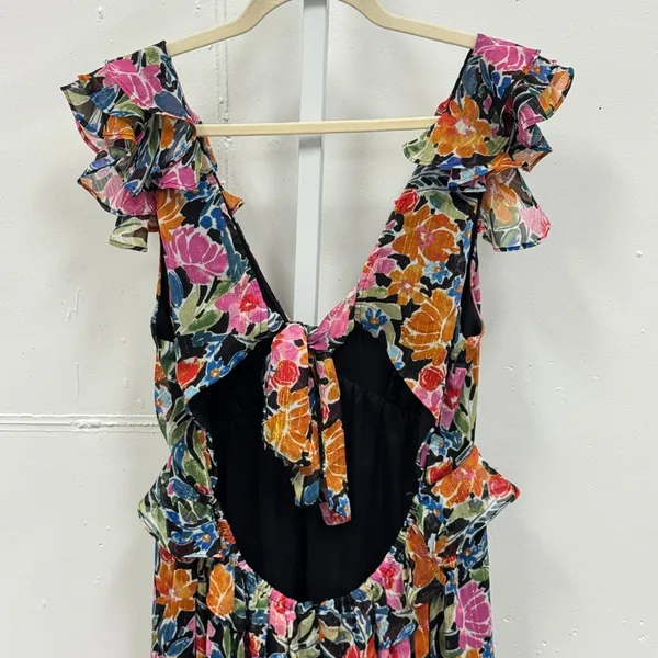 AQUA Floral‎ Metallic Ruffle Mini Dress Open Back Tie Multi Color Large Summer - Image 4