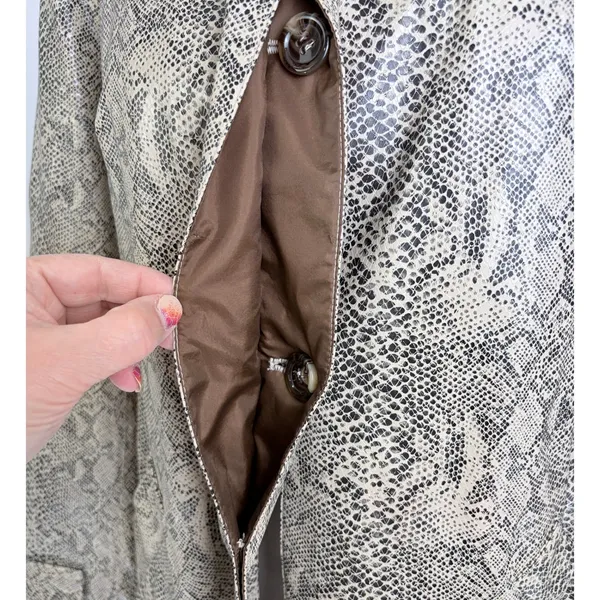 Gallery Trench Coat Gray Faux Snakeskin Print Button Front Burgundy Belted M - Image 11