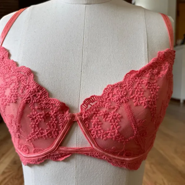 Free People Coral Pink Floral Lace Underwire Bra 32DD Double Back Strap‎ - Image 7