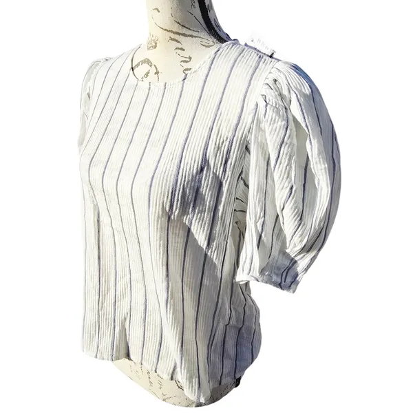 J. Crew NWT Women's Puff‎ Sleeve Top in Sheer Gauze White Striped Size XS - Image 4